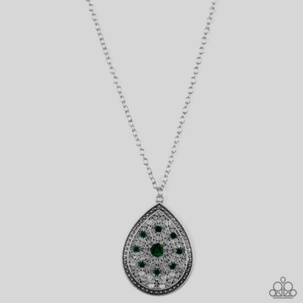 Paparazzi Filigree Green Rhinestone Pendant Necklace